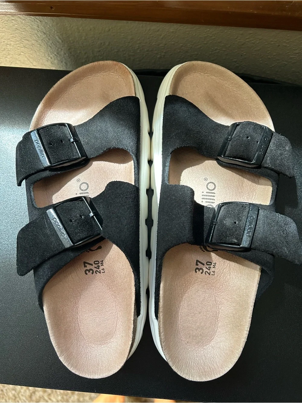 Birkenstock/Papillo Black Suede Double-Buckle Platform Slide Sandals